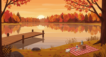 Serene autumn scene with lake reflecting colorful fall foliage and a cozy picnic by a wooden pier, perfect for peaceful getaway designs and nature themes