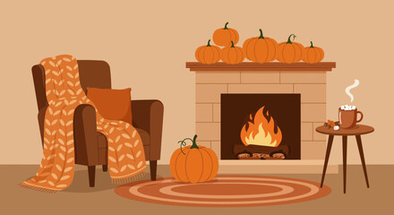 Cozy autumn scene with a crackling fireplace, pumpkins, and a warm drink evokes feelings of comfort and relaxation, perfect for seasonal designs