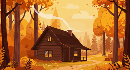 Cozy cabin nestled in a stunning autumn forest, perfect for a peaceful retreat or a warm, inviting home design inspiration, originally created as vector art