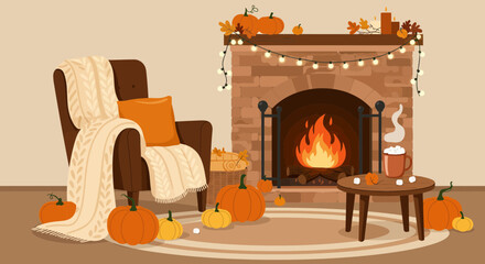 Cozy autumn vibes, warm fireplace glow, pumpkins galore, and inviting armchair create a perfect fall scene for relaxation and enjoying the season's beauty