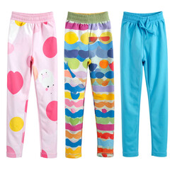 Three pairs of children's colorful printed and solid blue leggings.
