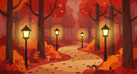Enchanting autumn forest path with glowing lamps, inviting journey, perfect for storybooks, warm fall scenery, magical woodland adventure illustration