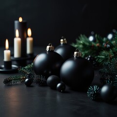 Minimalist Black Christmas Ornaments Dark Holiday Decor, Matte Baubles, and Fir Branches_5