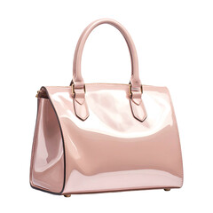 Glossy pink handbag with top handles and gold hardware on black.