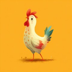 Fototapeta premium Charming cartoon chicken illustration on a vibrant yellow background, artistic design.