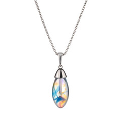 Drip-shaped pendant necklace with iridescent colorful glass.