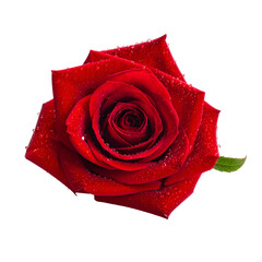 A single red rose glistens with water droplets against a dark background.