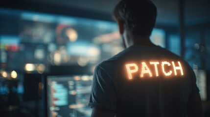 A young male hacker focusing on a digital screen, wearing a shirt that reads 'PATCH' in bright letters.