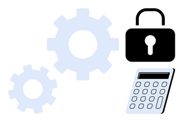 Padlock, gears, and calculator symbolize cybersecurity, encryption, system automation, and secure financial data processing. Ideal for technology, finance, privacy automation safety innovation