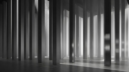 Abstract interior space with tall vertical columns creating perspective and depth,