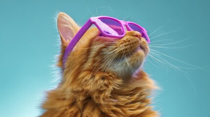 An orange cat wearing stylish purple sunglasses gazes away with a cool demeanor, showcasing feline fashion and attitude.