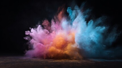 Obraz premium Vibrant explosion of colorful powder dispersing against a dark background, showcasing pink, blue, yellow, green, orange,