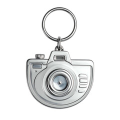 Shiny camera shaped keychain accessory isolated on black.