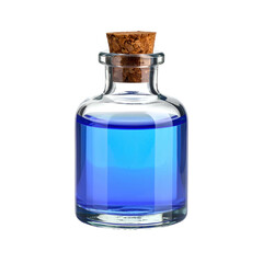 Clear glass bottle filled with vibrant blue liquid and cork stopper.