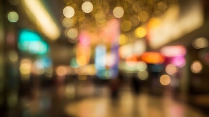 A vibrant urban nightlife scene with colorful lights and illuminated signs, blurred foreground creating bokeh effects,