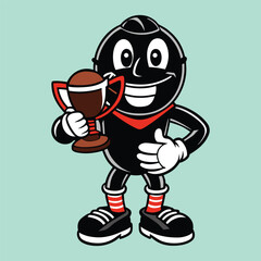 Cartoon mascot character holding trophy with happy smile