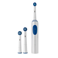 Electric toothbrush and replacement heads displayed on a black background.