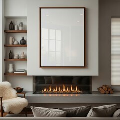 Mockup poster frame above modern fireplace in cozy minimalist living room interior with wooden shelves and Scandinavian decor