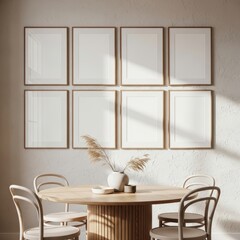 Mockup poster frames on modern minimalist wall above wooden dining table with natural sunlight and Scandinavian interior decor, blank frames template for artwork presentation