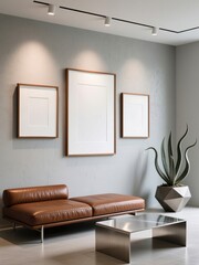 Three mockup poster frames above brown leather sofa in modern minimalist living room interior with agave plant and metallic coffee table