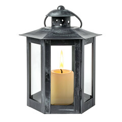Lit candle inside a dark metal lantern with glass panes.