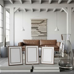 Three mockup poster frames on modern living room table with brown leather sofa, Scandinavian minimalist interior design, natural light, and stylish home decor background