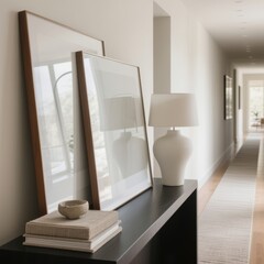 Two mockup poster frames on modern wooden console table with lamp and decor in minimalist Scandinavian hallway interior