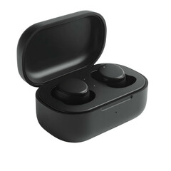 Black wireless earbuds are placed inside their open charging case.