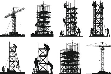 Construction site vector, scaffolding illustration, crane and ladder, teamwork in building, workers on platform, black and white construction scene, industrial design © Shoentesh