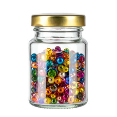 Colorful glass beads fill a clear jar with a metallic lid.