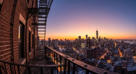 City skyline view from a brick building, fire escape, and beautiful sunset