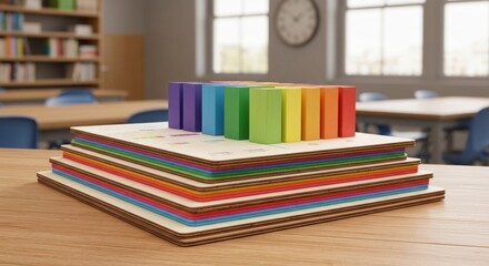 Classroom scene with stack of colorful wooden learning puzzles and blocks