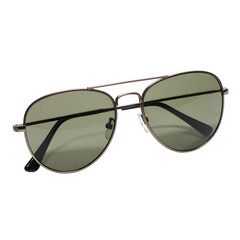 Aviator style sunglasses with green tinted lenses are displayed against a black background.