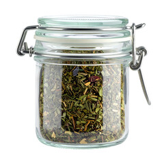 Glass jar filled with dried herbs and spices on a black background.