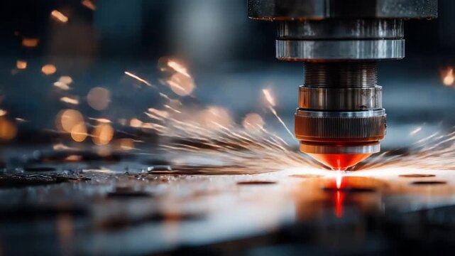 A close-up of a laser cutter emitting a bright red beam, sparks and metal detail