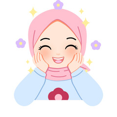 Cute cartoon Muslim girl in pink hijab with a joyful and happy smiling expression, an adorable character illustration