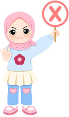 A young Muslim girl wearing a pink hijab and a blue sweater, holding a red cross mark sign, expressing disagreement or negation