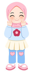 A delightful young girl in a soft pink hijab, hands gently raised in a serene gesture of prayer or heartfelt gratitude, radiating pure joy and peaceful devotion in a vibrant illustration