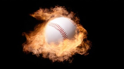 A white baseball with red stitching engulfed in fiery flames against a dark backdrop, creating intense contrast.