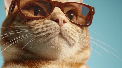 A close-up of a cat wearing stylish brown glasses, featuring rich creamy fur with prominent orange stripes.
