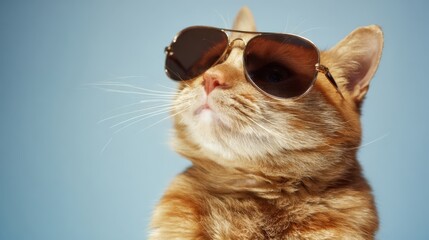 An orange tabby cat wears aviator sunglasses against a blue background,