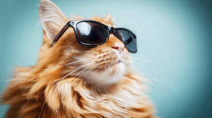 An orange cat wearing black sunglasses poses against a teal backdrop, showcasing playful style and vibrant colors.