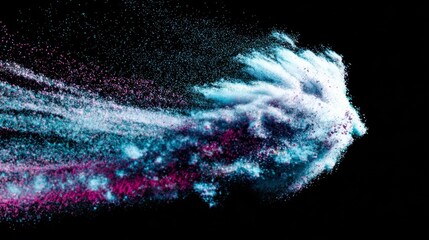 Dynamic atomic particle eruption with vibrant blue and purple light effects,