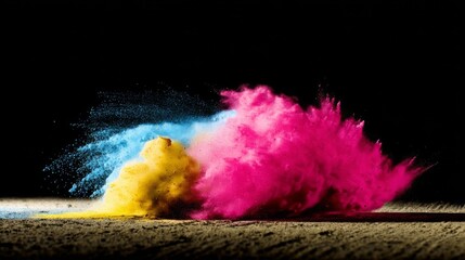 Vibrant explosion of blue, pink, and yellow powders midair, dynamic burst against dark background,