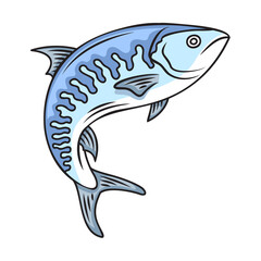 Illustration of a light blue mackerel fish with dark blue markings and stripes swimming with fins and tail visible against a white background