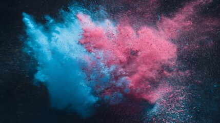 A dynamic burst of blue and pink colored powder disperses mid air, creating vibrant contrast against a dark background.