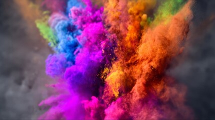 Vibrant colorful powder bursts explosively in midair creating dynamic cloud formations against dark backdrop with pink b