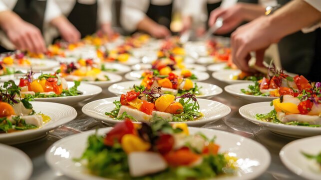 Chefs preparing a culinary masterpiece. Many plates are arranged with a salad, ready to be served - Powered by Adobe