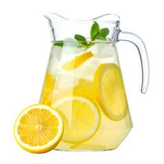 Refreshing citrus beverage with ice and mint in a glass pitcher.