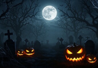 Fototapeta premium Spooky graveyard scene with glowing jack o'lanterns under a full moon for Halloween themed projects this autumn